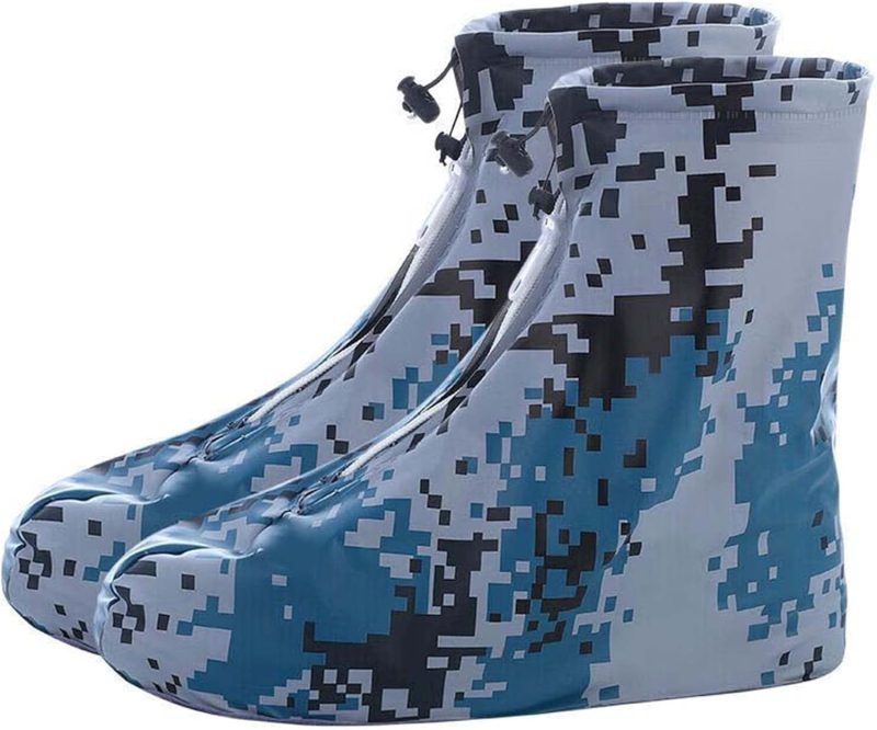 Rain Boot Waterproof Shoes Covers, Sand Control Non-Slip Shoe Cover Galoshes, PVC Rubber Sole Reusable Rain Snow Boots Overshoes for Cycling Outdoor Camping Fishing Garden (L, Camouflage blue)