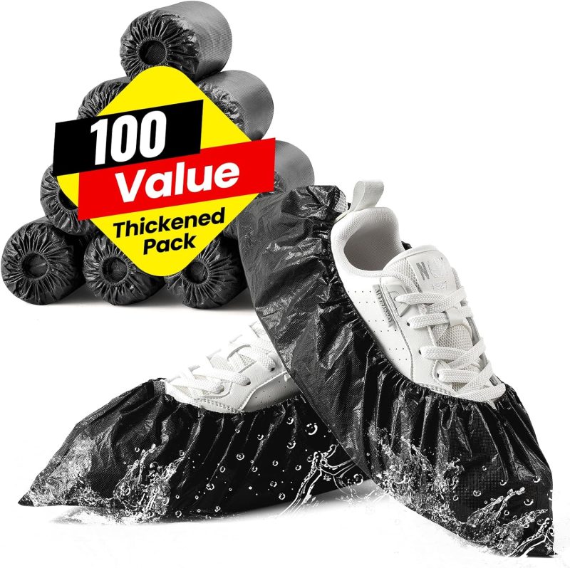 Shoe Covers Disposable Non Slip - 100 Pack (50 Pairs), Premium Waterproof and CPE Recyclable Shoe Booties Protector Covers for Indoors, Fits Up to Size 11 US Men and 13 US Women, Black, Large