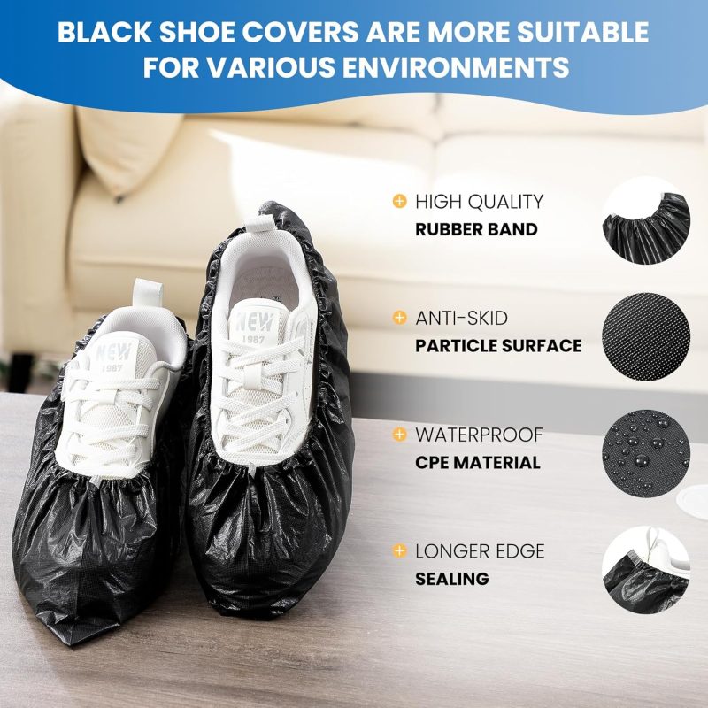 Shoe Covers Disposable Non Slip - 100 Pack (50 Pairs), Premium Waterproof and CPE Recyclable Shoe Booties Protector Covers for Indoors, Fits Up to Size 11 US Men and 13 US Women, Black, Large - Image 2